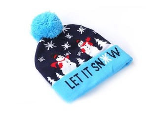 Close-up of knit Christmas beanie featuring Let It Snow text and colorful LED lights