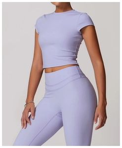 Close-up of lavender high-stretch seamless yoga set featuring crop top and leggings