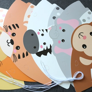 Jungle animal party hats set featuring flat cartoon tiger elephant zebra and monkey designs