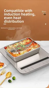 Macro view of induction-safe stainless steel container with braised fish and rising steam