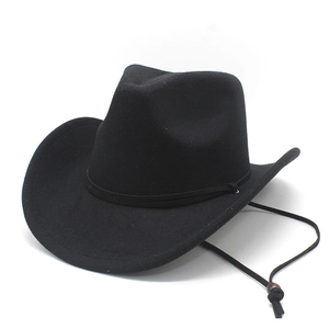 Detail of black felt western cowboy hat featuring wide brim and adjustable chin strap