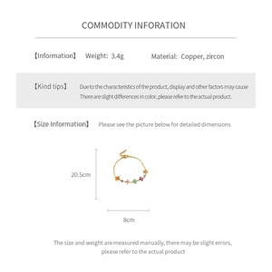 Detailed size measurement of a gold clover bracelet with colorful cubic zirconia stones