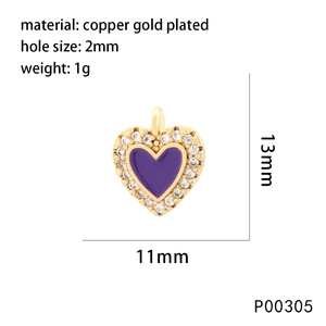 Detailed view of 11mm purple enamel heart pendant with white zircon and copper gold plating