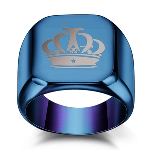 Blue plated stainless steel signet ring with square face and grey laser crown engraving