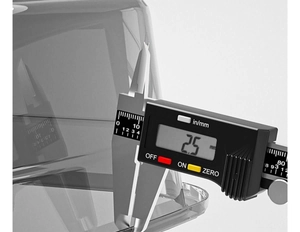 Digital caliper measuring 2.5mm thickness of heavy duty plastic laundry basin wall