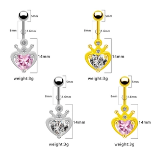 Dimensions détaillées du piercing nombril couronne cœur, tige 1.6mm et poids de 3g