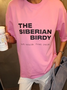 Women Cotton T-Shirt Short Sleeve Round Neck Letter Print Loose Casual Streetwear Top Pink