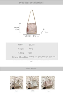 Detailed size parameters and specifications for the floral silk bucket bag with tassels