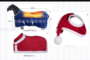 Red Christmas festive horse blanket with white plush trim and size dimensions shown