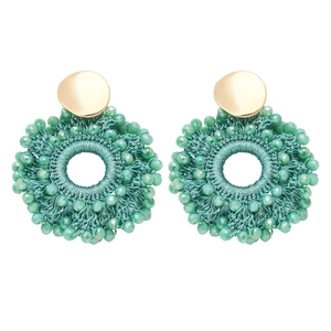Handmade woven bead hoop earrings with green faceted beads and matte gold metal studs