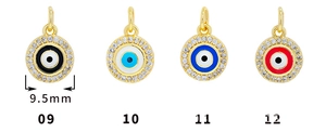 Macro view of 9.5mm micro-pave zircon evil eye pendants with 18K gold plating