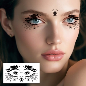 Detail of Halloween spider web face tattoos with witch design, model wearing style EF-006