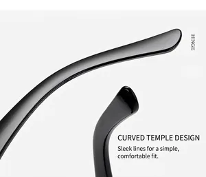 Close-up of sleek black curved temples on vintage square sunglasses with smooth finish