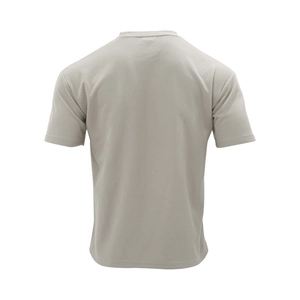 Macro detail of the light grey waffle knit texture on the back of a men's casual T-shirt