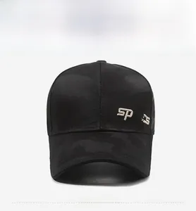 Detailed front view of black camouflage baseball cap with 3D sports letter embroidery