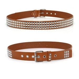 Brown leather punk belt with silver pyramid studs and metal pin buckle on white background