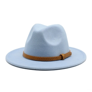 Detail of light blue wool fedora hat with brown snakeskin pattern belt and buckle