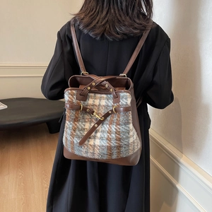 Large capacity vintage brown leather and plaid tweed backpack for women's daily commute