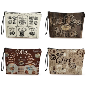 Coffee Theme Makeup Bag Zipper Pouch With Wristlet Strap Portable Polyester Linen Cosmetic Bag Travel Organizer