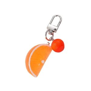 Realistic resin orange slice keychain with decorative ball and silver metal ring