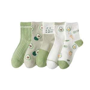 5-pack green cotton crew socks for women with cute avocado and stripe patterns