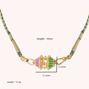18K gold plated twisted necklace with green pink enamel pendant and 55cm braided chain