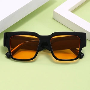 Rectangle thick frame sunglasses with orange lenses and black square frame for women