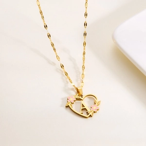 Golden heart necklace with letter A and pink enamel flower on stainless steel chain