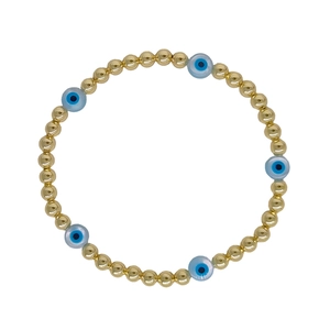 Handmade 18K gold-plated beaded elastic bracelet with light blue evil eye shell beads