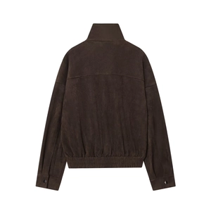 Veste en daim marron foncé pour femme avec col montant et ourlet élastique chic