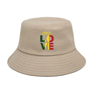 Close-up of khaki cotton bucket hat featuring colorful one LOVE letter printing
