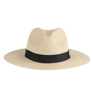 Classic beige straw fedora hat with a wide black decorative band for sun protection