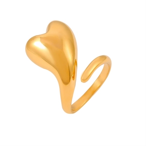 Minimalist 18k gold plated stainless steel heart wrap open ring on white background