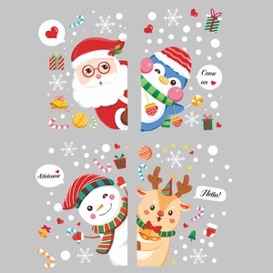 Cartoon Christmas window stickers set featuring Santa, penguin, snowman, and reindeer