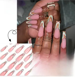Detailed view of French striped press-on nails with mint green and brown wavy lines