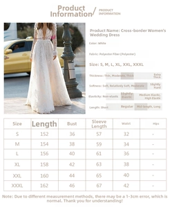 Detailed size chart for lace long sleeve wedding dress with measurements from S to XXXL