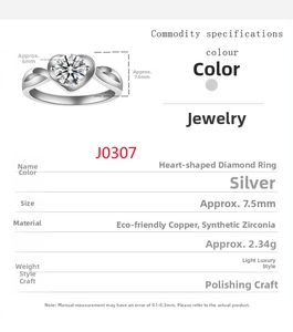 Detailed spec sheet showing a silver heart-shaped CZ copper ring with sizing and material info
