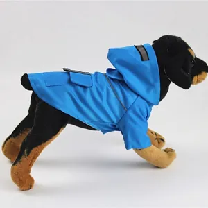 Waterproof royal blue dog raincoat with reflective safety strips and a hood for small pets