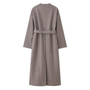 Elegant plaid long coat for women with classic checkered pattern and back belt detail