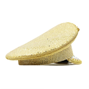 Golden sequin captain hat with sparkling rhinestones and crystal flower for festive party wear