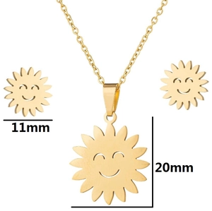 Golden stainless steel sun smiley jewelry set with necklace and stud earrings