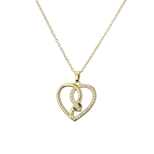 Gold-plated heart-shaped snake pendant necklace with zircon stones on white background