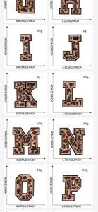 Size chart for leopard print embroidery letter patches G to P showing 6cm height and width
