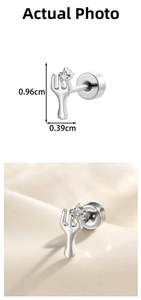 Detailed macro view of silver cactus cartilage stud earring with zirconia and size scale