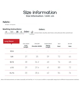 Detailed size chart for long-sleeved yoga tops with fabric and washing instructions