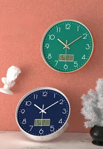 Modern wall clocks with LCD calendars in navy and green finishes on a textured wall
