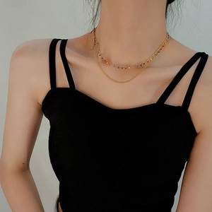 Double-layered golden stainless steel necklace with colorful enamel charms for women