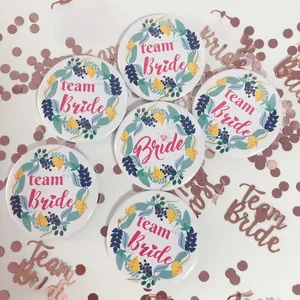Detail of 6pcs team bride badges with pink floral wreath for bachelorette party