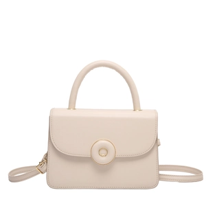 Chic cream white PU leather square handbag with adjustable strap and round metal buckle