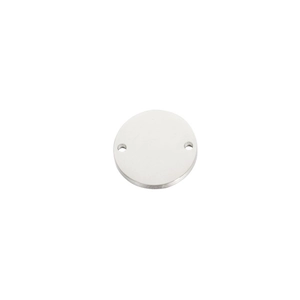 Macro detail of polished stainless steel round disc charm with dual holes and mirror finish